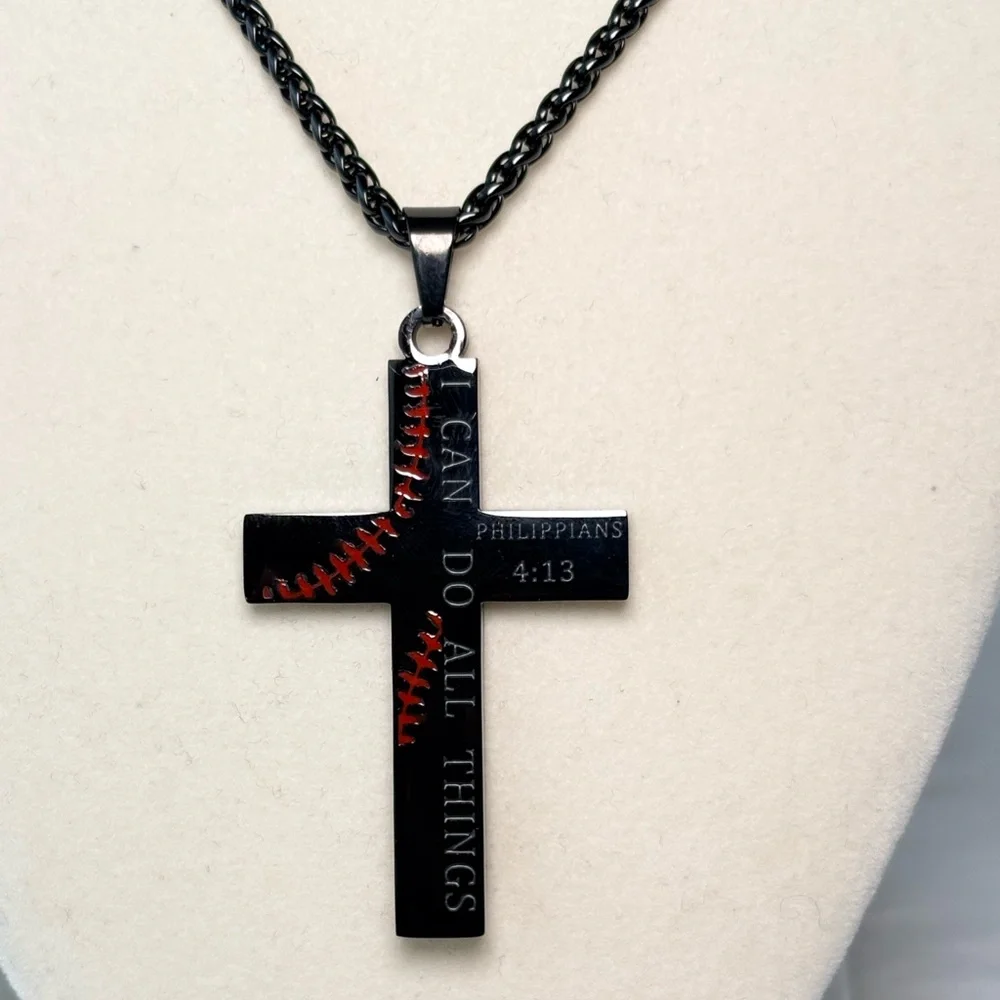 Black and‎ Red Baseball Cross Necklace
